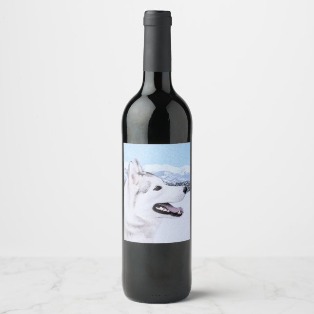 Siberian Husky (Silver and White) Painting Dog Art Wine Label (Front)