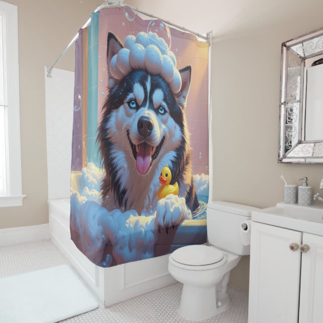 Siberian Husky  Sloppy Sleepy Cute Funny  Shower Curtain (In Situ)