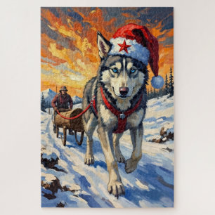 Siberian Husky Soviet Style Christmas Log Pull Hat Jigsaw Puzzle
