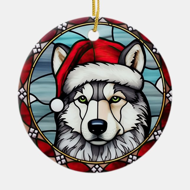 Siberian Husky Stained Glass Christmas Ceramic Ornament (Front)