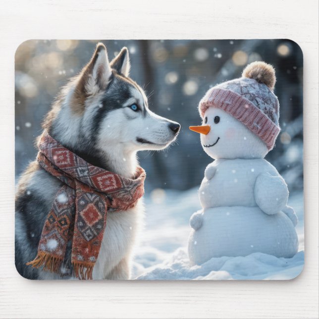Siberian Husky Staring At a Snowman Mouse Pad (Front)