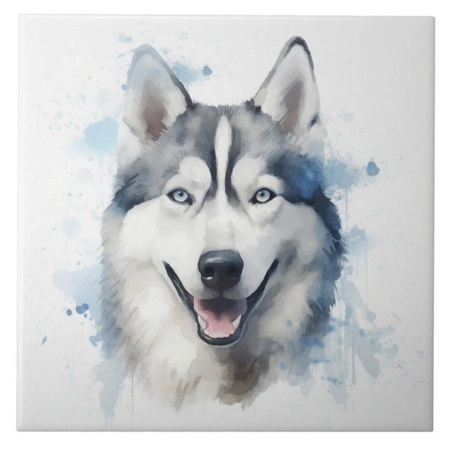 Siberian Husky Watercolor Ceramic Tile (Front)