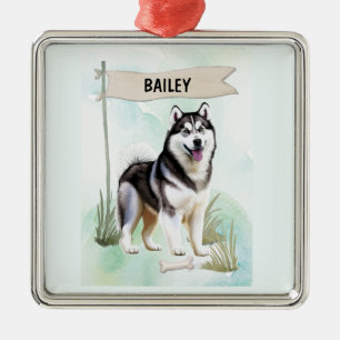 Siberian Husky Watercolor Personalised Dog Metal Ornament
