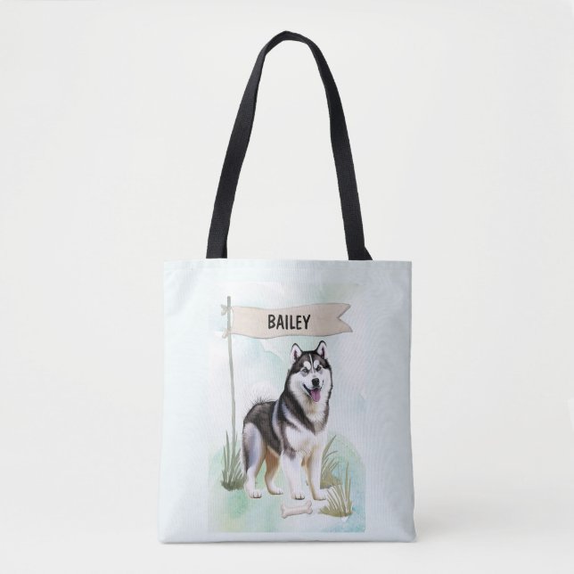Siberian Husky Watercolor Personalised Dog Tote Bag (Front)