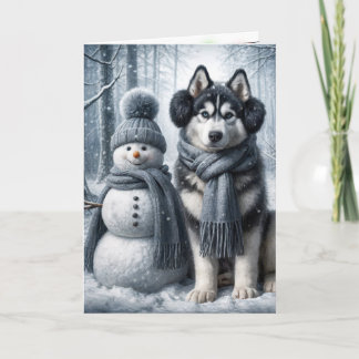 Siberian Husky With a Snowman Card