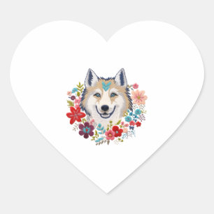 Siberian Husky with flowers floral Embroidery vint Heart Sticker