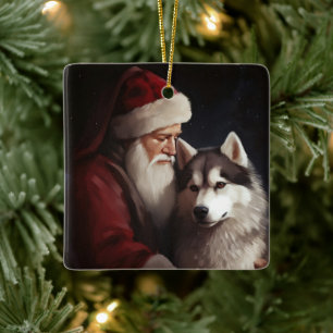 Siberian Husky With Santa Claus Festive Christmas Ceramic Ornament