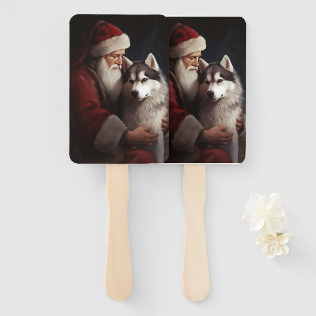 Siberian Husky With Santa Claus Festive Christmas Hand Fan (Front and Back)