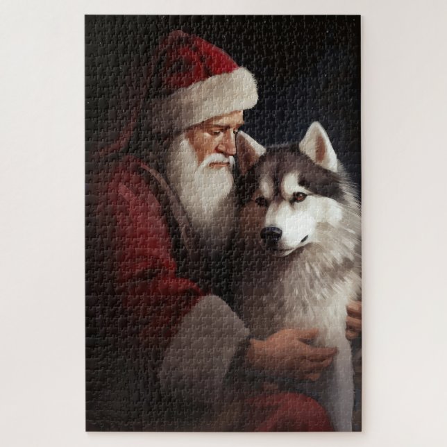Siberian Husky With Santa Claus Festive Christmas Jigsaw Puzzle (Vertical)