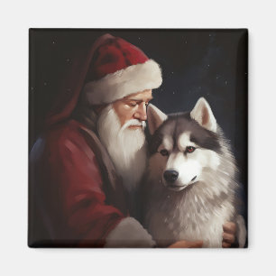 Siberian Husky With Santa Claus Festive Christmas Magnet