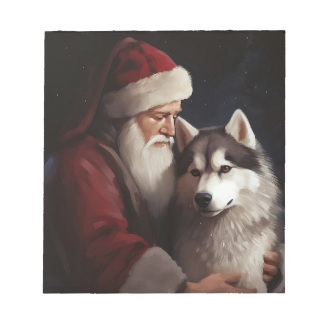Siberian Husky With Santa Claus Festive Christmas Notepad (Front)