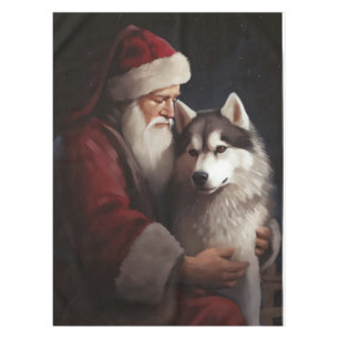 Siberian Husky With Santa Claus Festive Christmas Tablecloth
