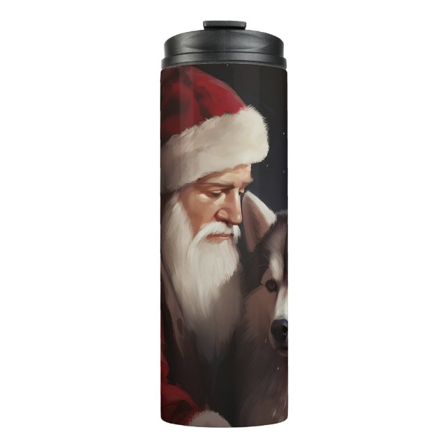 Siberian Husky With Santa Claus Festive Christmas Thermal Tumbler (Front)