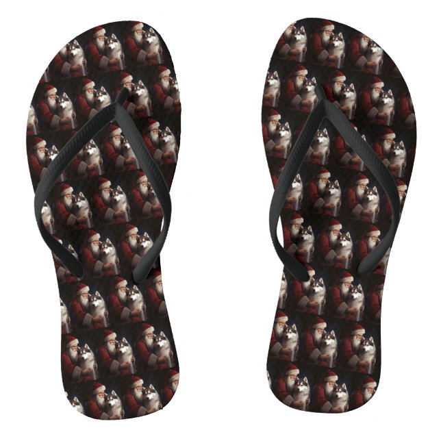 Siberian Husky With Santa Claus Festive Christmas Thongs (Footbed)