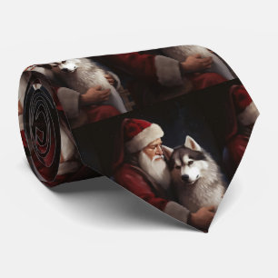 Siberian Husky With Santa Claus Festive Christmas Tie