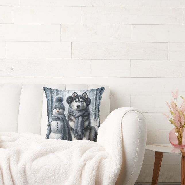 Siberian Husky With Snowman Cushion (Couch)