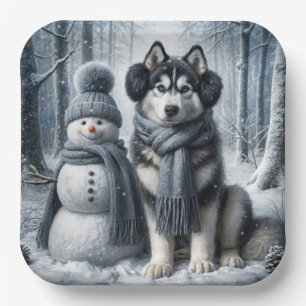 Siberian Husky With Snowman Paper Plate