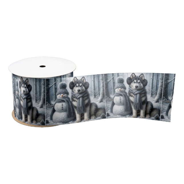 Siberian Husky With Snowman Satin Ribbon (Spool)