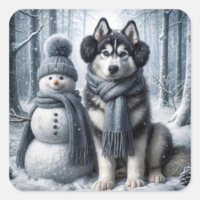 Siberian Husky With Snowman Square Sticker (Front)