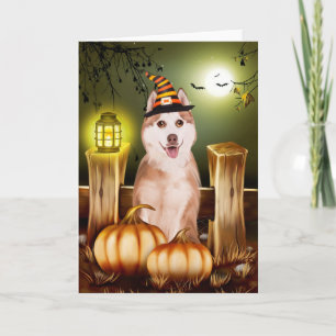 Siberian Husky with Witch Hat Halloween Card