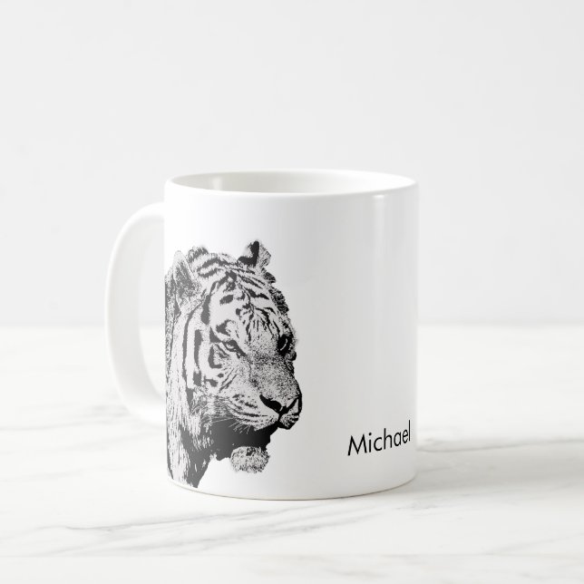 Siberian Tiger black white sketch personal name Coffee Mug (Front Left)