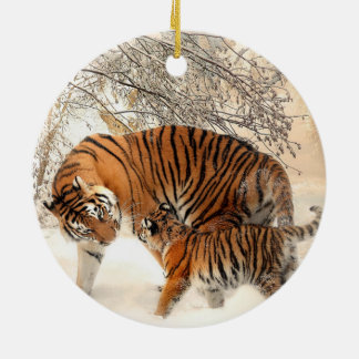 Siberian Tiger Mother and Kitten Ceramic Ornament