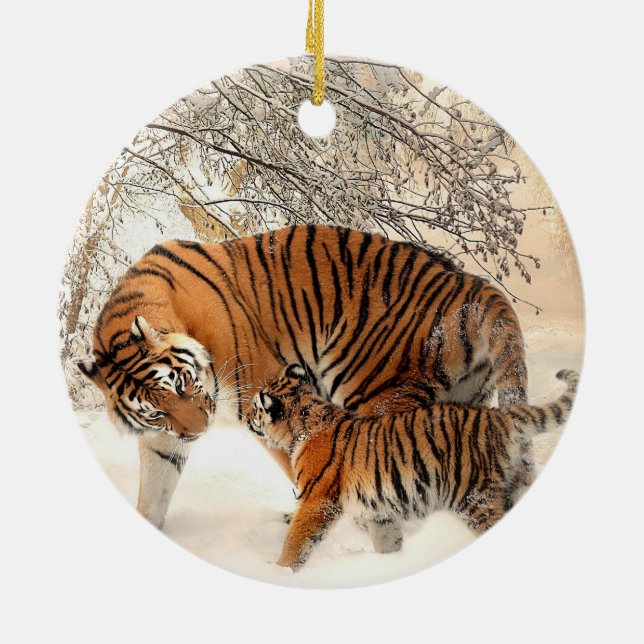 Siberian Tiger Mother and Kitten Ceramic Ornament (Back)