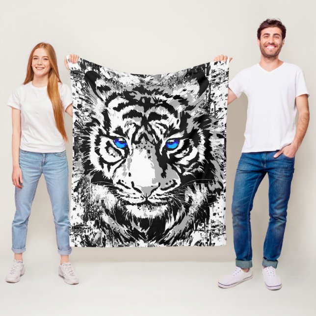 Siberian White Tiger Head - Tiger Blue Eyes Fleece Blanket (In Situ)