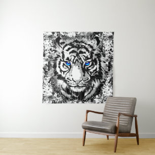 Siberian White Tiger Head - Tiger Blue Eyes Tapest Tapestry