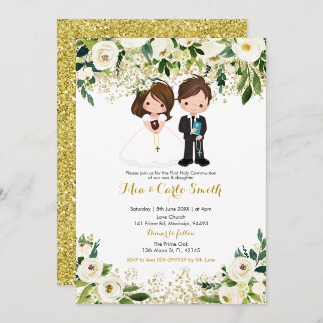 Sibling Boy and Girl White Floral First Communion Invitation (Front/Back)