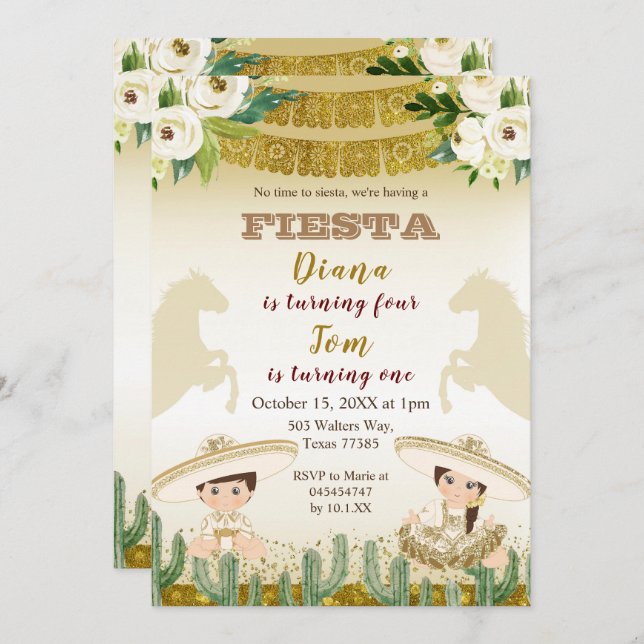Sibling Cactus Fiesta Mexican birthday invitation (Front/Back)