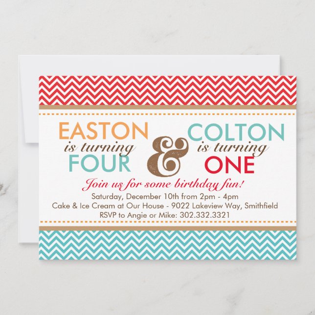 Sibling Chevron (Boys) Birthday Party Invitation (Front)