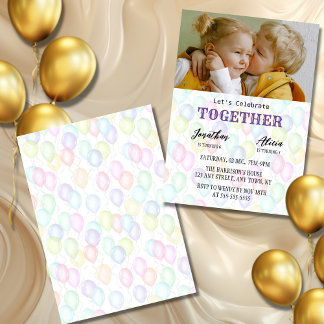 Sibling Photo Colourful Balloon Joint Birthday  Invitation