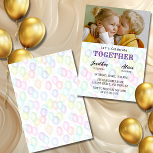 Sibling Photo Colourful Balloon Joint Birthday Invitation