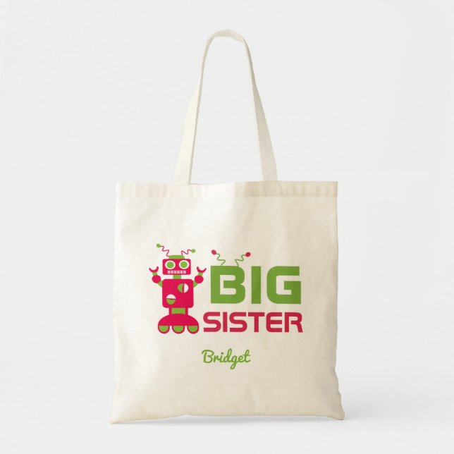Sibling Robot Big Sister Pink Kids Personalised Tote Bag (Front)