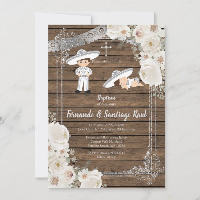 Sibling Silver Fiesta Boy Baptism Birthday Invitation (Front)