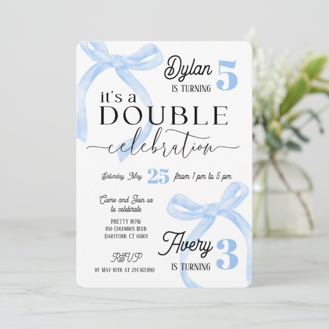 Siblings Double Birthday Blue Coquette Invitation (Standing Front)