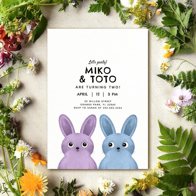 Siblings duo birthday party blue & purple bunnies invitation (Creator Uploaded)