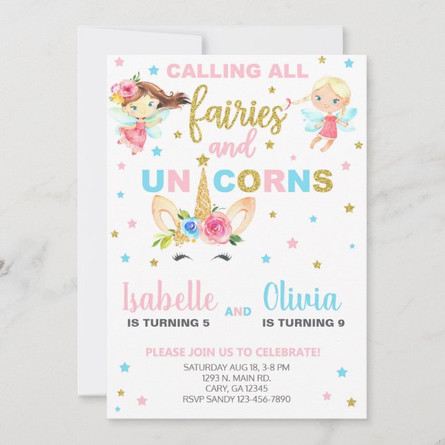 Siblings fairies and unicorn birthday invite. invitation (Front)