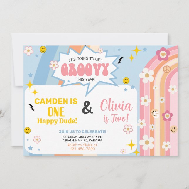 Siblings GROOVY boy and girl birthday invitation. Invitation (Front)