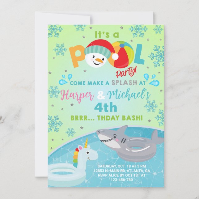 Siblings indoor winter pool party birthday invite. invitation (Front)