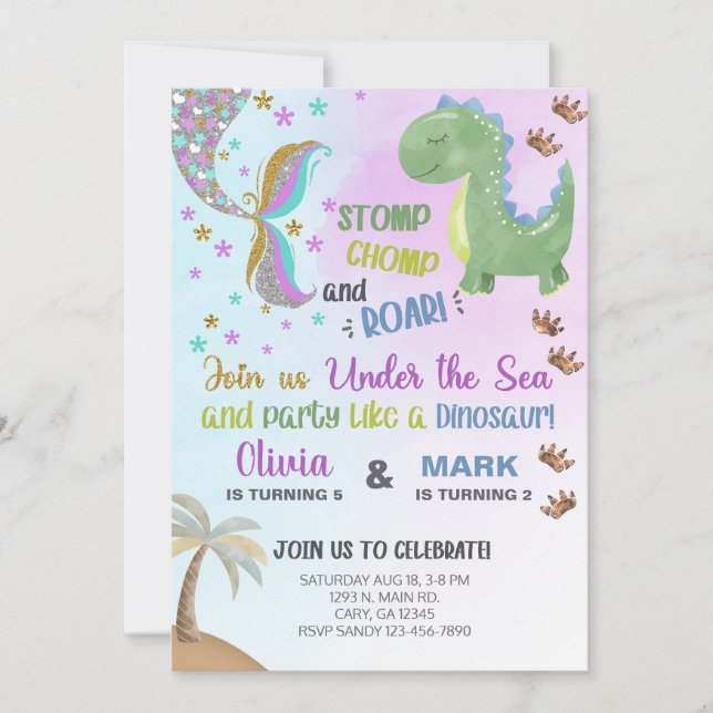Siblings mermaid and dinosaur birthday invite. invitation (Front)