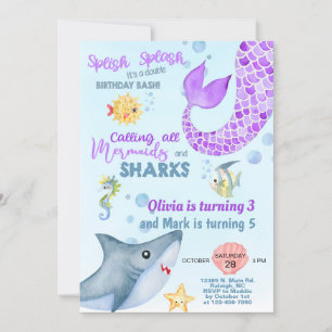 Siblings mermaid and shark birthday invite. invitation
