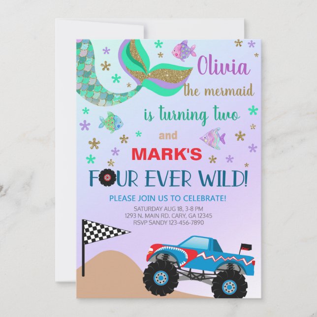 Siblings mermaid & monster truck birthday invite. invitation (Front)