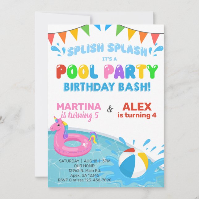 Siblings pool party birthday invite, unicorn ball. invitation (Front)