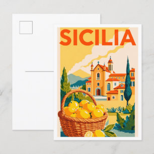 Sicilia Italy Art Vintage Illustration Travel Postcard