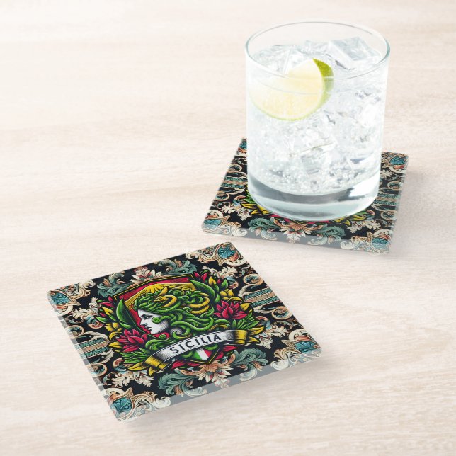 Sicilia Sicilian Design  Glass Coaster (Angled)