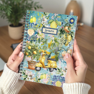 Sicilian Blue Citrus Floral Tile Art Collage Notebook