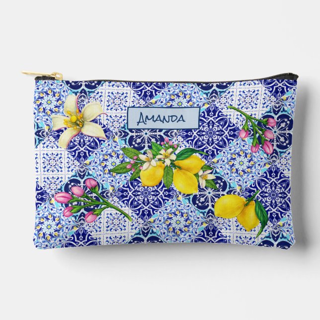 Sicilian blue Mediterranean citrus ceramic tiles  Accessory Pouch (Front)