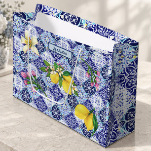 Sicilian blue Mediterranean citrus ceramic tiles Large Gift Bag